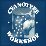 Image of two horses with blue filter, and framed by words 'CYANOTYPE WORKSHOP'