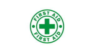 Circle with the words 'FIRST AID' around the top and bottom, and a green cross in the middle