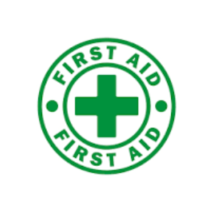 Circle with the words 'FIRST AID' around the top and bottom, and a green cross in the middle