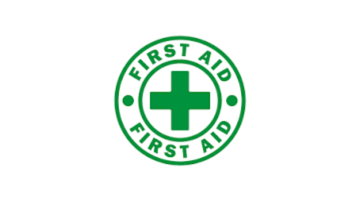 Circle with the words 'FIRST AID' around the top and bottom, and a green cross in the middle