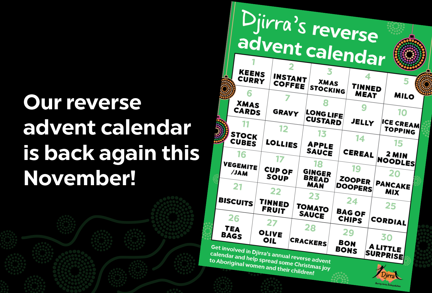 Featured image for “Djirra’s reverse advent calendar”